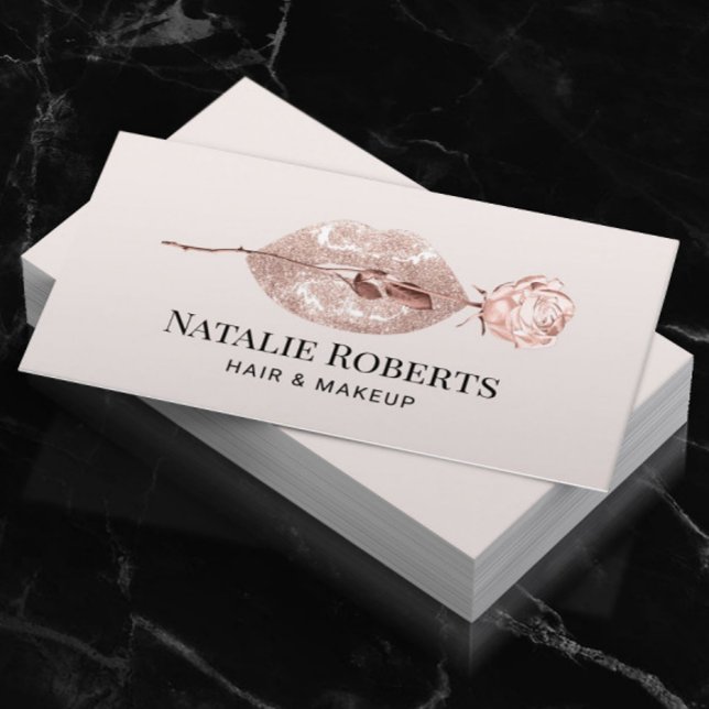 Modern Blush Rose Gold Flower & Lips Beauty Salon  Business Card (Creator Uploaded)