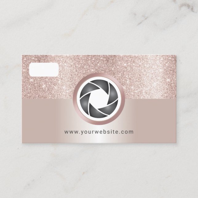 Modern Blush Rose Gold Glitter Camera Photography Business Card (Front)