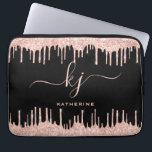 Modern Blush Rose Gold Glitter Drips Monogram  Laptop Sleeve<br><div class="desc">Girly, Elegant, Sylish Blush Rose Gold Glitter Drips 2 Monogram Script custom personalized name monogrammed laptop sleeve on black. Featuring a modern luxury faux blush pink rose gold glitter dripping frame, a large double hand lettered monogram script font with swashes (large size initials), and a serif type font name in...</div>