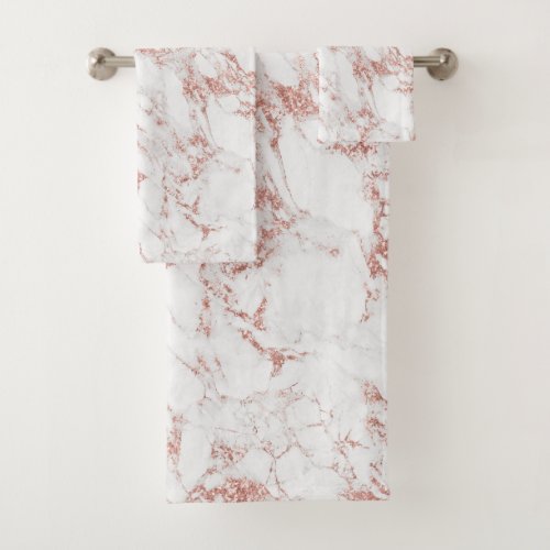 Modern Blush Rose Gold Glitter Foil White Marble Bath Towel Set