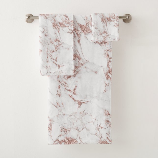 Modern Blush Rose Gold Glitter Foil White Marble Bath Towel Set (Insitu)