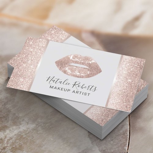 Modern Blush Rose Gold Glitter Lips Beauty Salon  Business Card