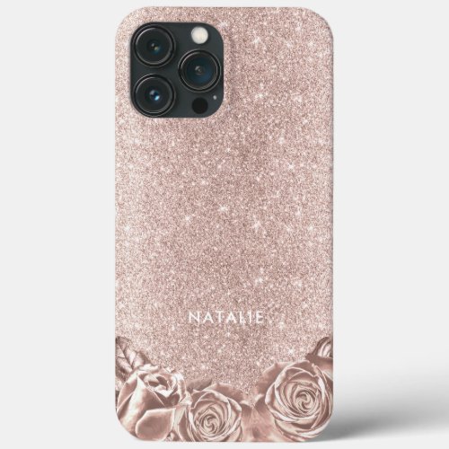 Modern Blush Rose Gold Glitter Luxury Floral iPhone 13 Pro Max Case