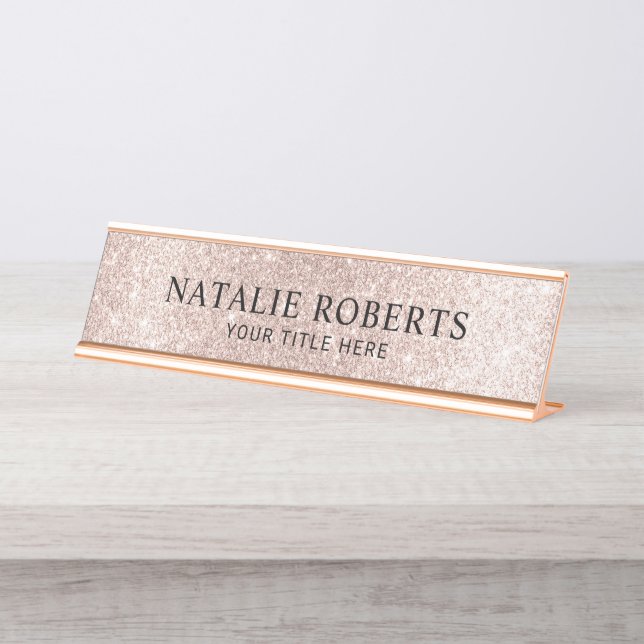 Modern Blush Rose Gold Glitter Professional  Desk Name Plate (Front)