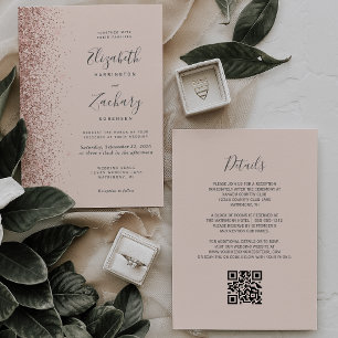 Modern Blush Rose Gold Glitter QR Code Wedding Invitation