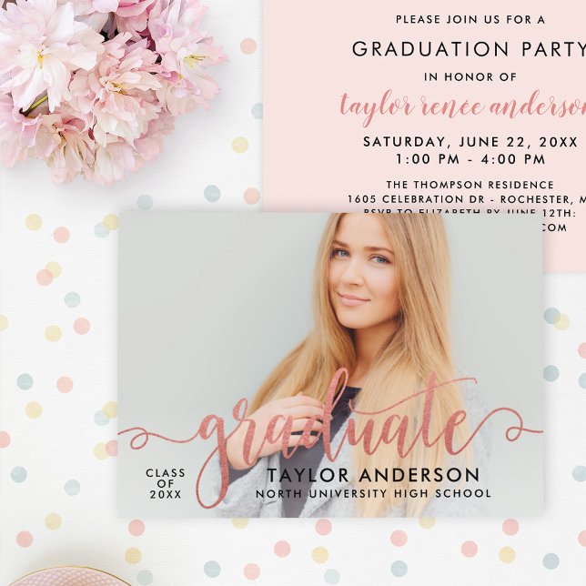Modern Blush Rose Gold Script Graduate Photo Party Invitation (Creator Uploaded)