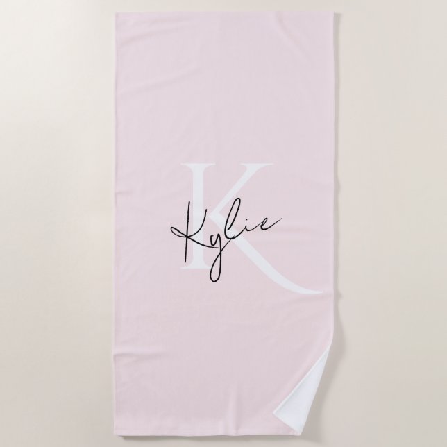 Modern Blush Rose Personalized Monogram Name -  Beach Towel (Front)