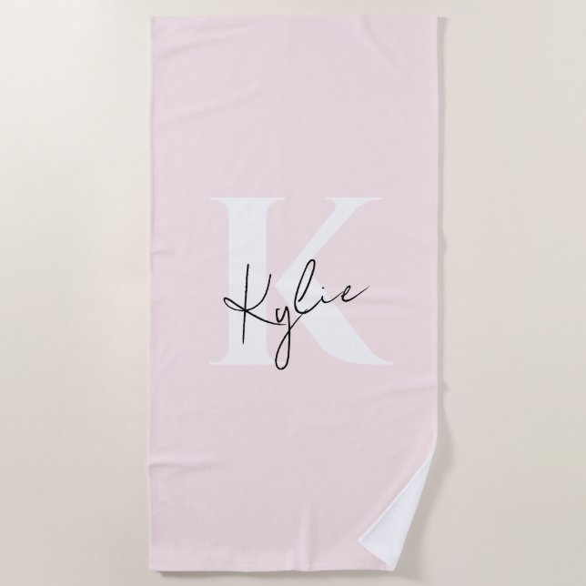 Modern Blush Rose Personalized Monogram Name -  Beach Towel (Front)