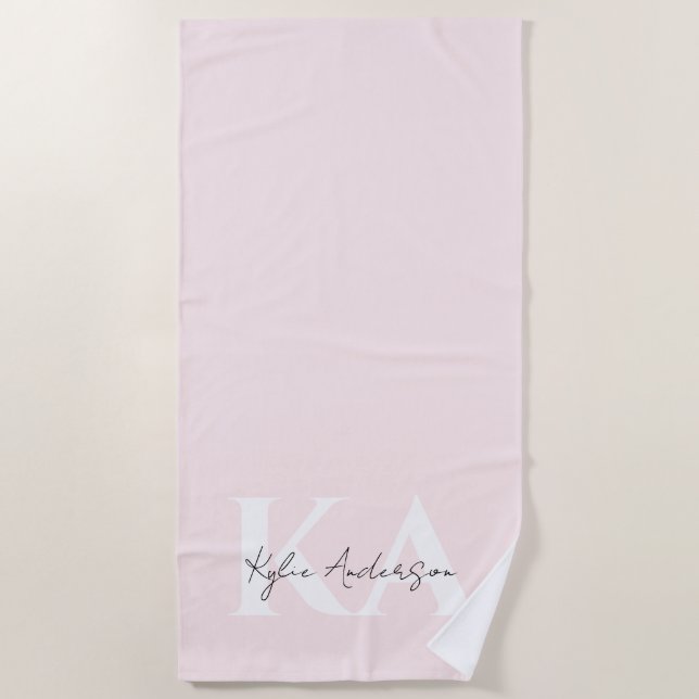 Modern Blush Rose Personalized Monogram Name -  Beach Towel (Front)