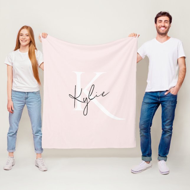 Modern Blush Rose Personalized Monogram Name -  Fleece Blanket (In Situ)