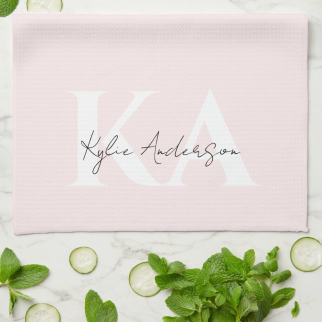 Modern Blush Rose Personalized Monogram Name -  Kitchen Towel (Folded)