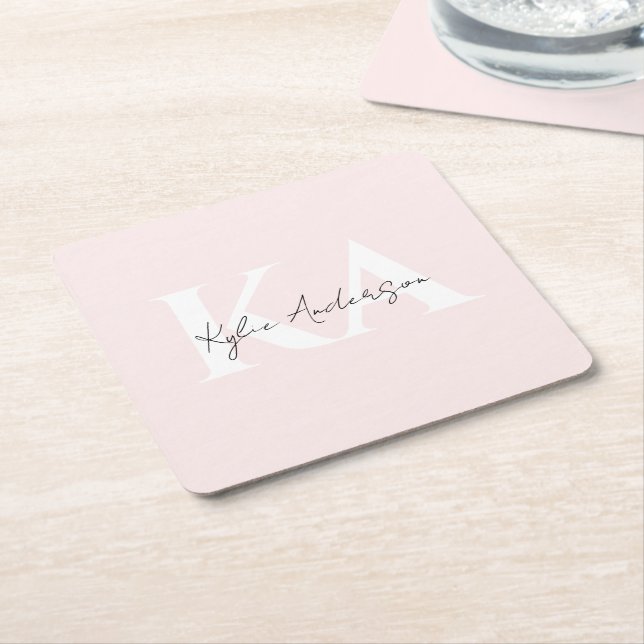 Modern Blush Rose Personalized Monogram Name -  Square Paper Coaster (Angled)
