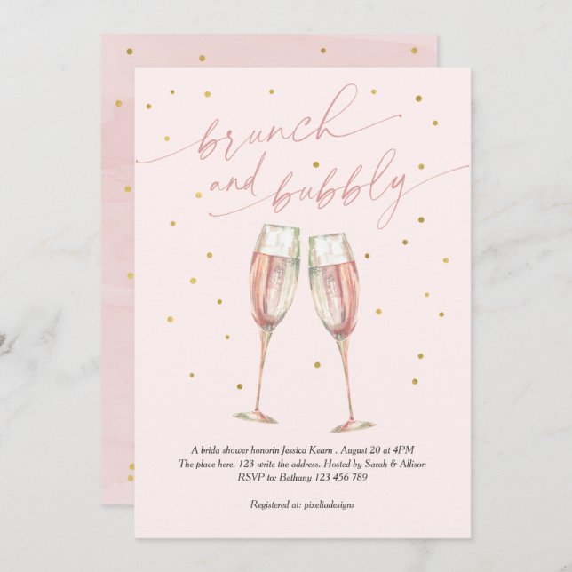 modern blush simple pop the bubbly, chic champagne invitation (Front/Back)