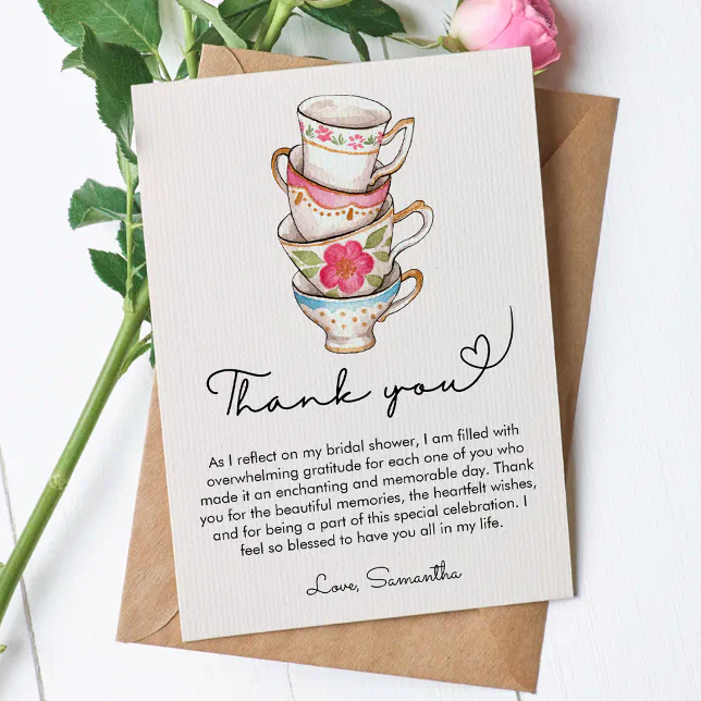 Modern Blush Tea Party Bridal Shower Thank You Card | Zazzle