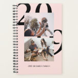 Modern Blush Two Photo Polka Dot Pattern and Year Planner<br><div class="desc">Bold year peeking out from behind simple classic two photo collage, planner also features name and a black and blush pink polka dot patterned back cover</div>