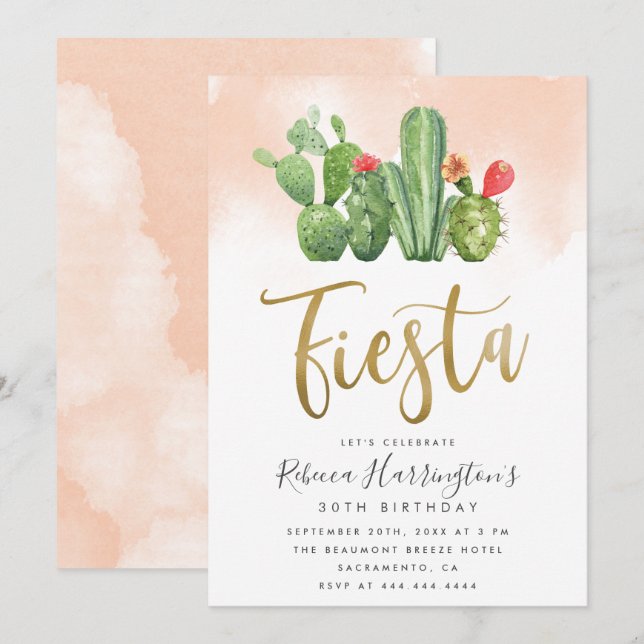 Modern Blush Watercolor & Cactus Fiesta Birthday Invitation (Front/Back)