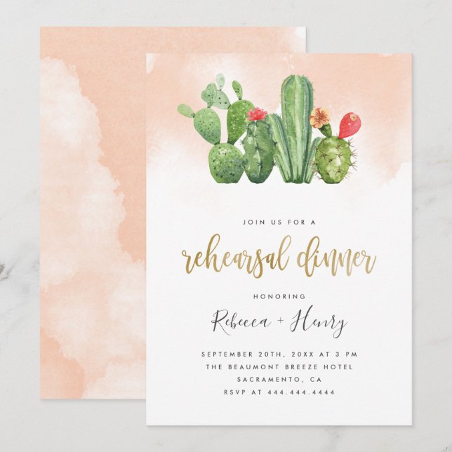 Modern Blush Watercolor & Cactus Rehearsal Dinner Invitation (Front/Back)