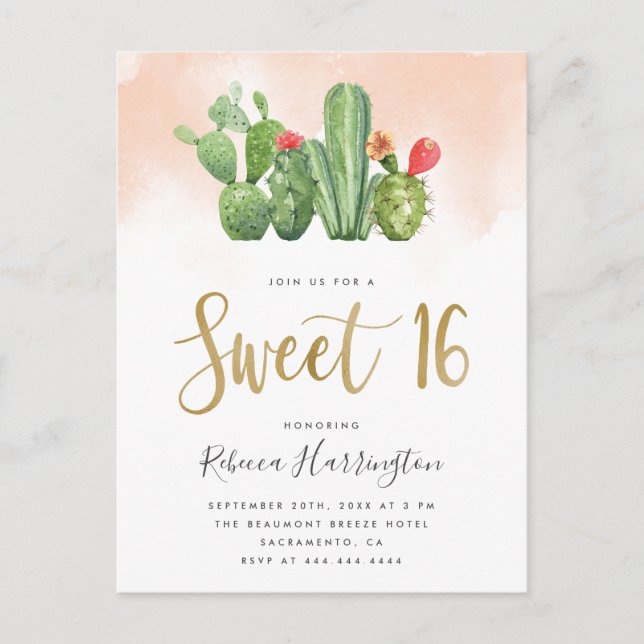 Modern Blush Watercolor & Cactus Sweet 16 Invitation Postcard (Front)