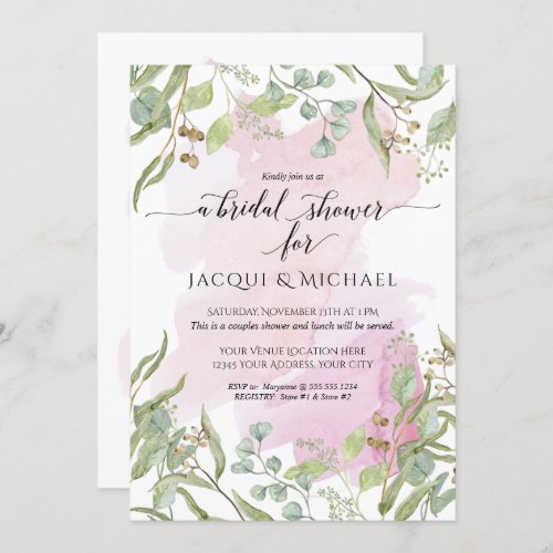 Modern Blush Watercolor Eucalyptus Greenery Bridal Invitation