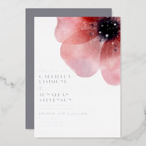 Modern Blush Watercolor Poppy  Wedding Silver Foil Invitation
