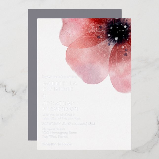 Modern Blush Watercolor Poppy  Wedding Silver Foil Invitation (Front/Back)
