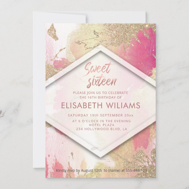Modern blush watercolor wash glittery  invitation (Front)