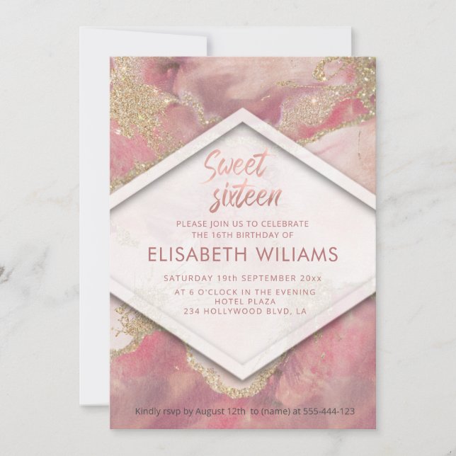 Modern blush watercolor wash glittery  invitation (Front)