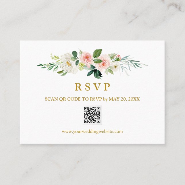 Modern Blush Wedding Gold RSVP  QR CODE WEDDING Business Card (Front)