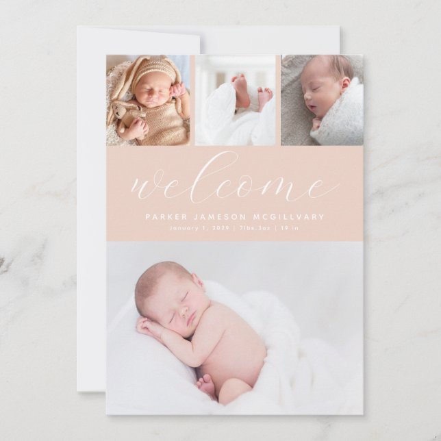 Modern Blush Welcome Photo Collage Baby Girl Birth Announcement (Front)