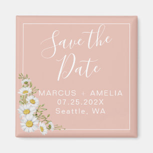 Modern Blush & White Daisies Save The Date Square Magnet