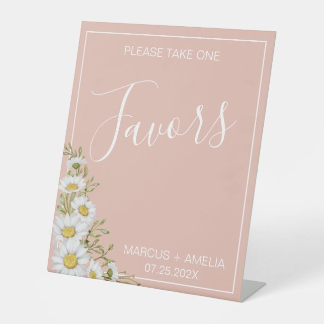 Modern  Blush & White Daisies Wedding Favors Pedestal Sign (Front)