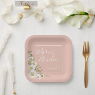 Modern  Blush & White Daisies Wedding  Paper Plates
