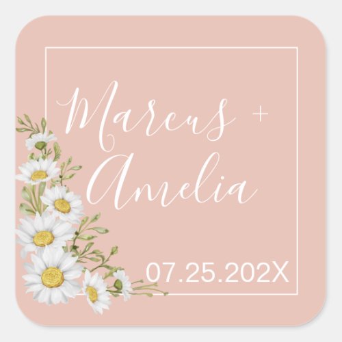 Modern  Blush  White Daisies Wedding  Square Sticker