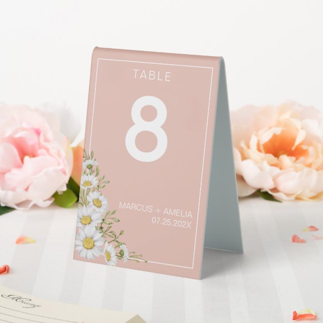 Modern Blush & White Daisies Wedding Table Number Tent (In SItu (Wedding))