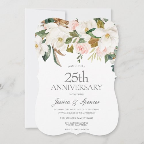 Modern Blush White Floral 25th Wedding Anniversary Invitation