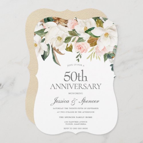 Modern Blush White Floral 50th Wedding Anniversary Invitation