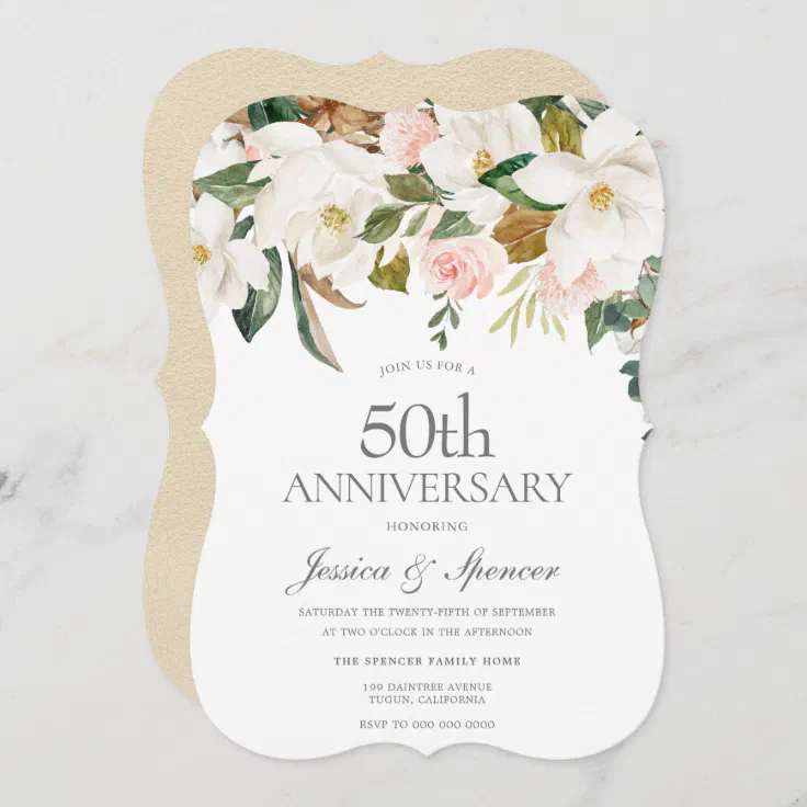 Modern Blush White Floral 50th Wedding Anniversary Invitation 