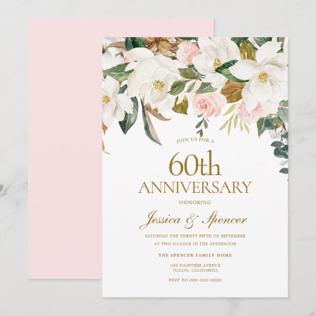 Modern Blush White Floral 60th Wedding Anniversary Invitation (Front/Back)