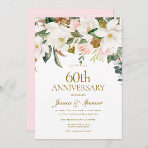 Modern Blush White Floral 60th Wedding Anniversary Invitation
