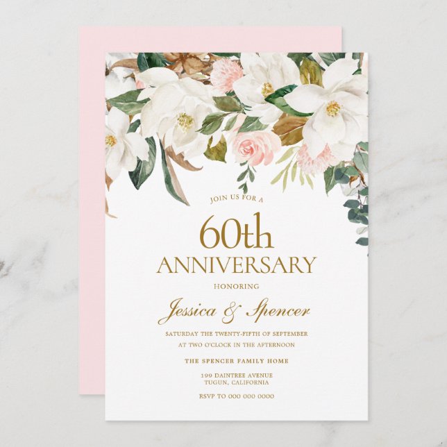 Modern Blush White Floral 60th Wedding Anniversary Invitation (Front/Back)