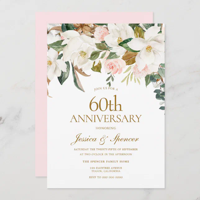 Modern Blush White Floral 60th Wedding Anniversary Invitation | Zazzle