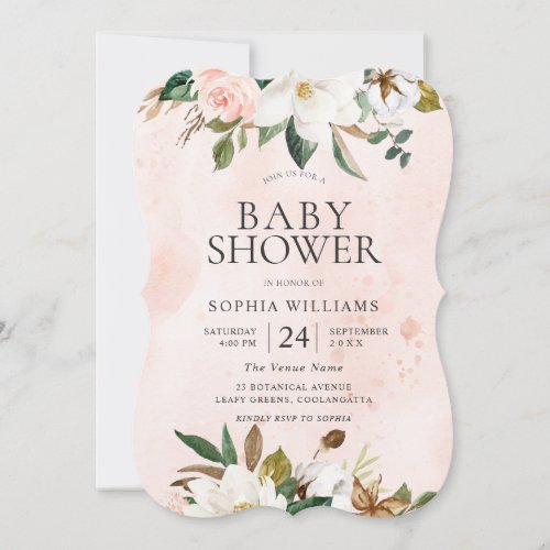 Modern Blush White Floral Watercolor Baby Shower Invitation