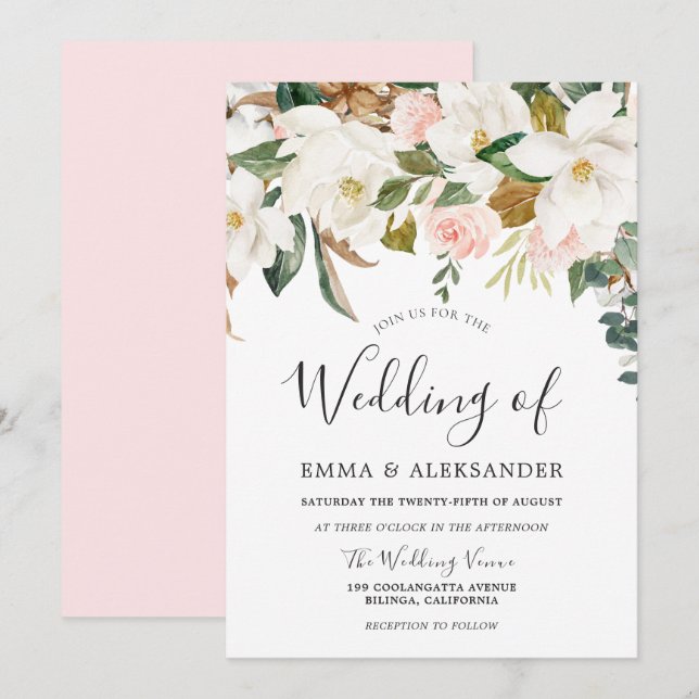 Modern Blush & White Watercolor Flowers Wedding Invitation (Front/Back)