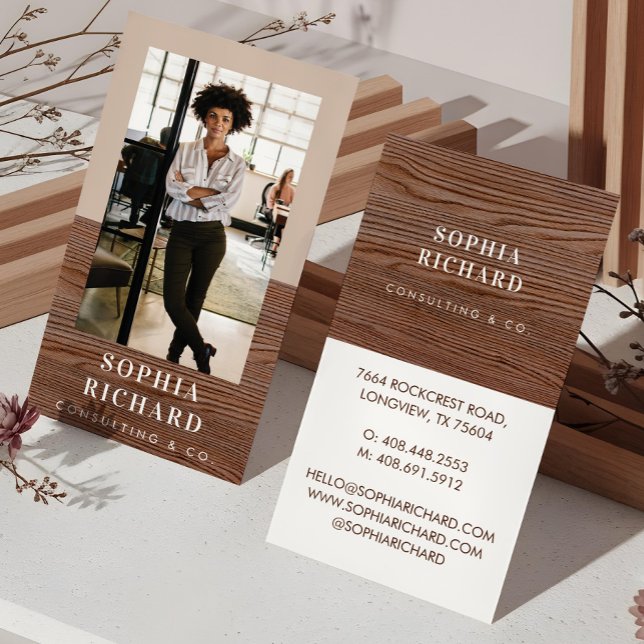 Modern Blush & Wood Chic Luxury Professional Photo Business Card (Modern Woodgrain Professional Business Photo Business Card)