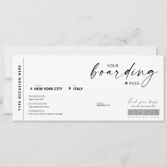 Modern Boarding Pass Surprise Fake Airline Ticket Invitation (Front)