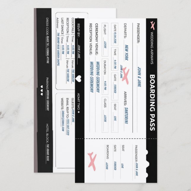 Modern Boarding Pass Wedding Invite Customizable (Front/Back)