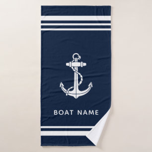 Modern Boat Anchor and Name Navy Blue Custom Bath Towel