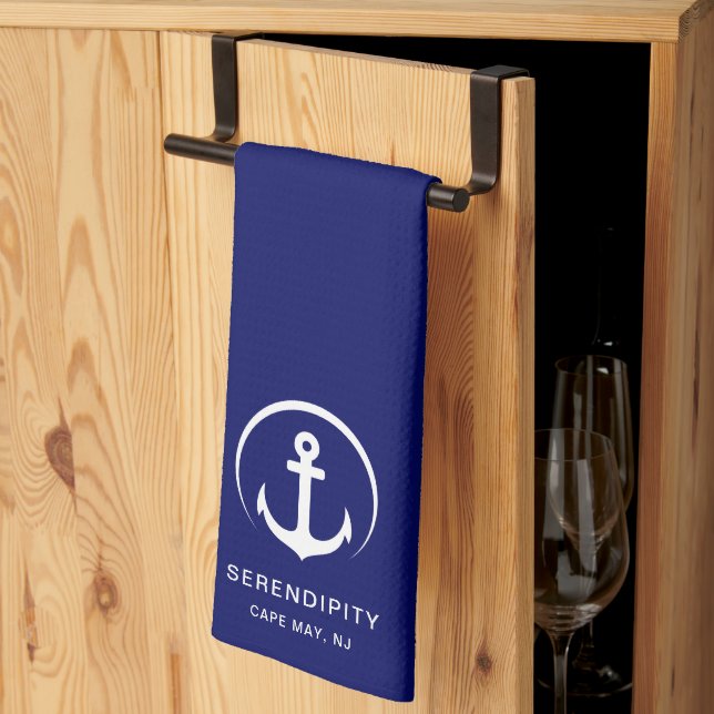 Modern Boat Anchor Monogram Navy Blue Kitchen Towel (Thirds Fold)