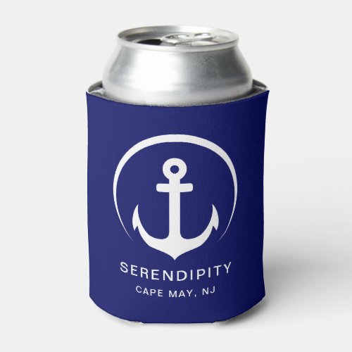 Modern Boat Anchor Navy Blue Personalized Can Cooler