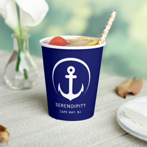 Modern Boat Anchor Navy Blue Personalized Paper Cups
